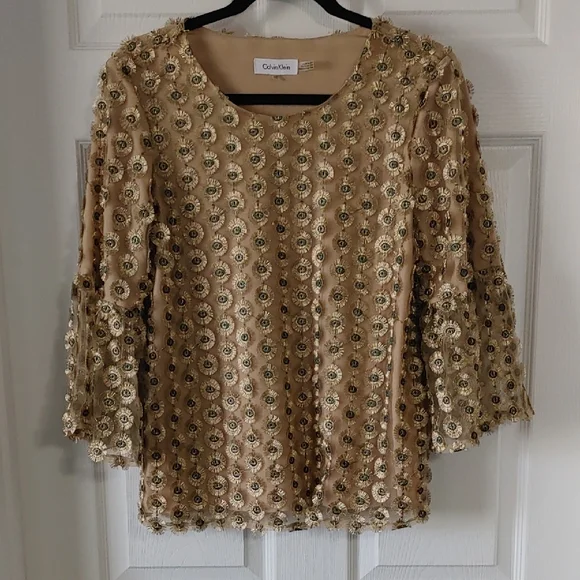 Calvin Klein Textured Gold Embellished 3/4" Flowy Sleeve Blouse Sz XS Luxurious - Picture 1 of 6